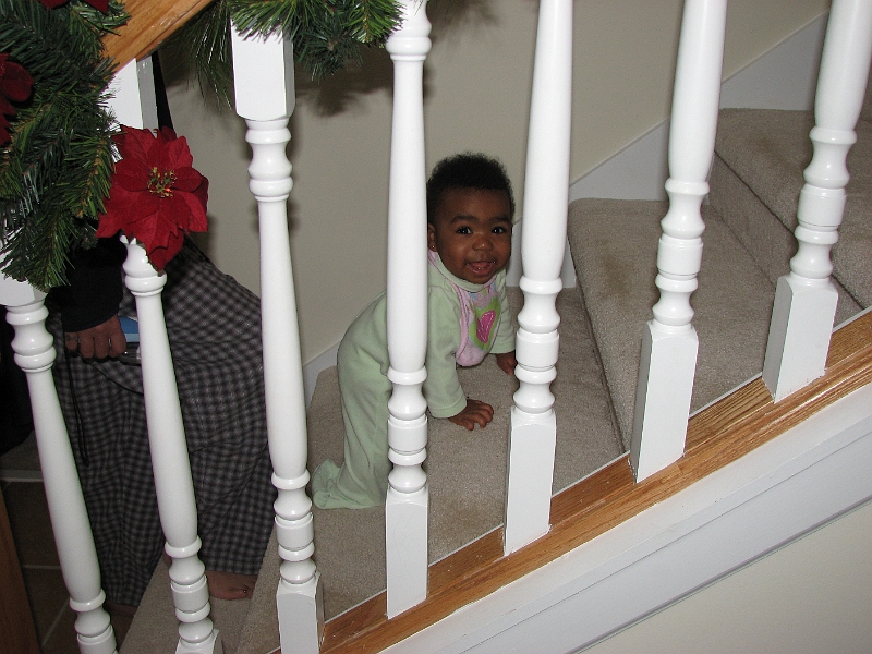 Xmas_2008_213.JPG - First time going up stairs by herself.  Need-to-babyproof-home-now!